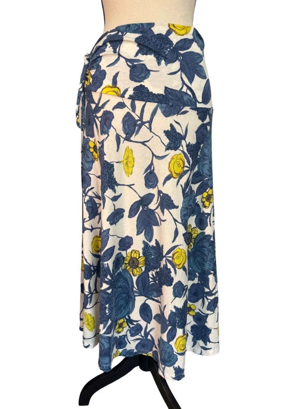 Patagonia Medium Floral Midi Skirt Blue Yellow Elastic Waist Faux Wrap Tie
